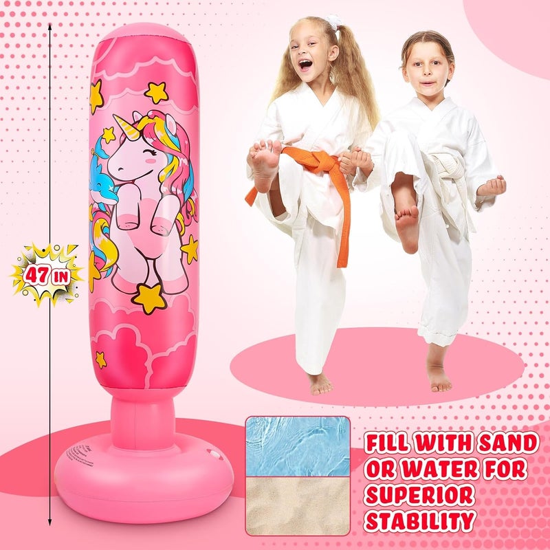 Vinsatin 2 Pcs 47" Kids Punching Bag Girls Stable Inflatable Boxing Bag Unicorn Heavy Punch with Instant Bounce Back Movement Kids Workout Equipment Karate Gifts for Girls Karate Taekwond - Image 3